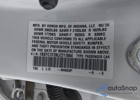 2020 Honda Civic Ex from USA, damaged, VIN 19XFC1F39LE211864
